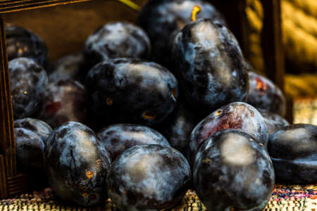 Ripe blue plums in a wooden crate in a rustic composition.の写真素材