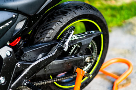 Detail of black motorcycle. Honda Hornet motorcycle detail photo in Bucharest, Romania, 2021