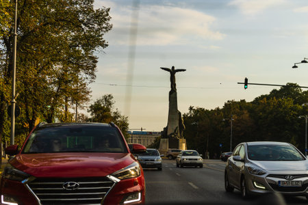 Car traffic at rush hour in downtown area of the city. Car pollution, traffic jam in the morning and evening in the capital city of Bucharest, Romania, 2021のeditorial素材