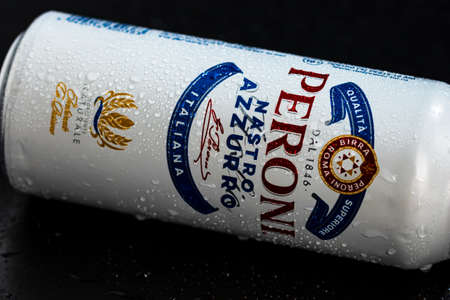 Detail of water droplets on Peroni Nastro Azzurro, a premium lager beer. Studio photo shoot in Bucharest, Romania, 2021のeditorial素材