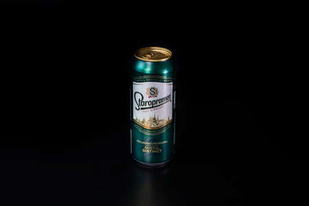 Staropramen  beer can isolated on black background. Bucharest, Romania, 2021のeditorial素材