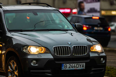 Car traffic at rush hour in downtown area of the city. Car pollution, traffic jam in the morning and evening in the capital city of Bucharest, Romania, 2021のeditorial素材