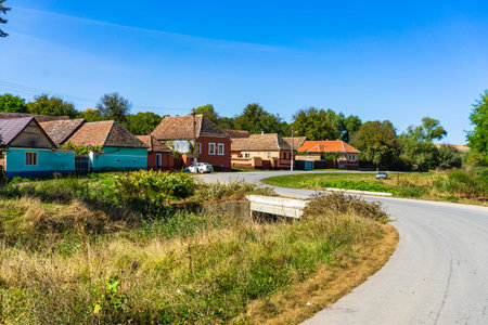 Typical rural landscape and rustic houses in Barcut -Bekokten, Transylvania, Romania, 2021.のeditorial素材