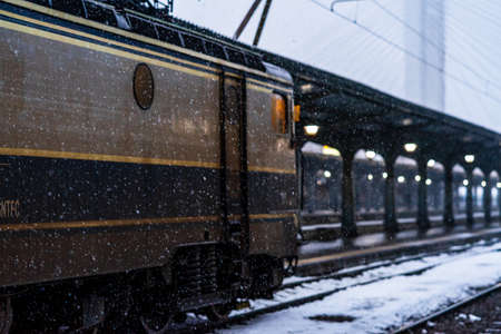 Winter detail train view. Train on the platform of Bucharest North Railway Station (Gara de Nord Bucuresti) in Bucharest, Romania, 2021のeditorial素材