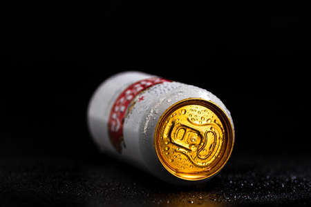 Condensation water droplets on Stella Artois beer can isolated on black. Bucharest, Romania, 2020のeditorial素材
