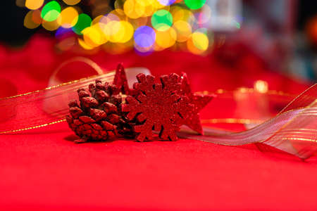 Christmas decoration, Christmas and New Year holidays background, winter season with Christmas ornaments and blurred lightsの写真素材