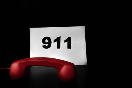 Call 911 and emergency call concept, text 911 on paper and phone isolated on black.