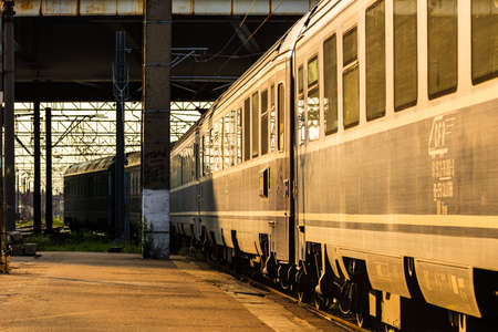 Detail of train in motion at train platform at Bucharest North Railway Station (Gara de Nord Bucharest) in Bucharest, Romania, 2020のeditorial素材