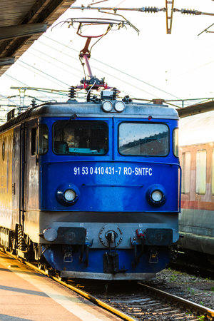 Detail of train in motion at train platform at Bucharest North Railway Station (Gara de Nord Bucharest) in Bucharest, Romania, 2020のeditorial素材