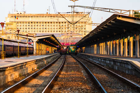 Detail of train in motion at train platform at Bucharest North Railway Station (Gara de Nord Bucharest) in Bucharest, Romania, 2020のeditorial素材
