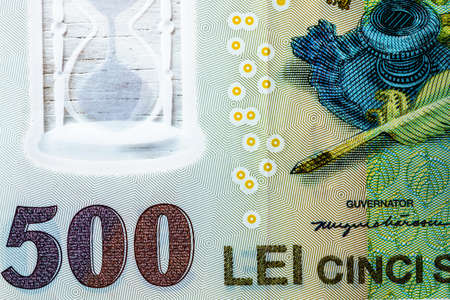 Selective focus on detail of LEI banknotes. Close up macro detail of Romanian LEI banknotes. World money concept, inflation and economy conceptの写真素材