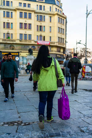 People moving, walking on the streets in downtown of Bucharest, Romania, 2021のeditorial素材