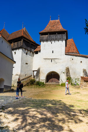 Architectural details of medieval church. View of fortified church of Viscri, UNESCO heritage site in Transylvania. Romania, 2021.のeditorial素材