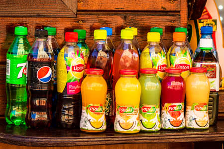 Drinks, products for sale at local street market in Alba Iulia, Romania, 2021のeditorial素材