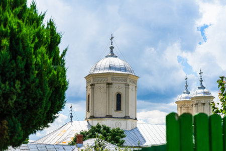 Architectural details, beautiful view of an orthodox church monastery near Bucharest, Romania, 2021