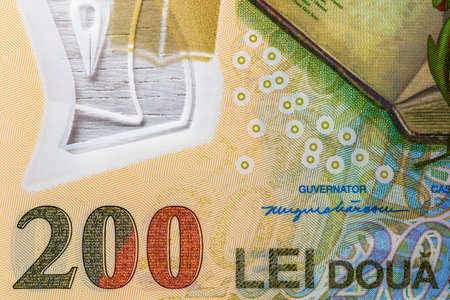 Selective focus on detail of LEI banknotes. Close up macro detail of Romanian LEI banknotes. World...
