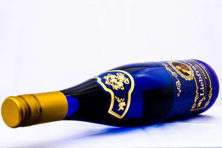 Bottle of Liebfraumilch Rheinhessen wine isolated on white. Illustrative editorial photo shot in Bucharest, Romania, 2021のeditorial素材