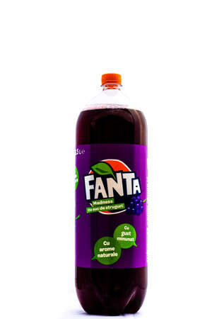 Fanta plastic bottle Isolated on white background. Illustrative editorial photo shot in Bucharest, Romania, 2021のeditorial素材