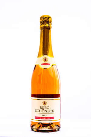 Bottle of Burg Schonneck sparkling wine, prosecco wine isolated on white. Illustrative editorial photo shot in Bucharest, Romania, 2021のeditorial素材