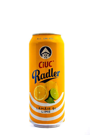 Can of Ciuc Radler beer isolated on white. Illustrative editorial photo shot in Bucharest, Romania, 2021のeditorial素材