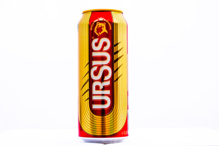 Can of Ursus beer isolated on white. Illustrative editorial photo shot in Bucharest, Romania, 2021