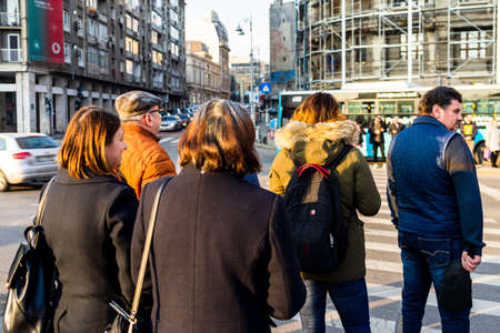 People moving, pedestrians walking in downtown district of Bucharest, Romania, 2021のeditorial素材