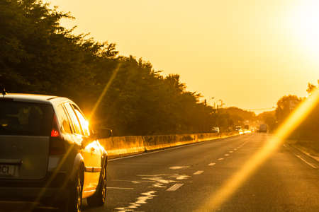 Car traffic at rush hour. Traffic jam, cars on the road at sunset in Bucharest, Romania, 2021のeditorial素材