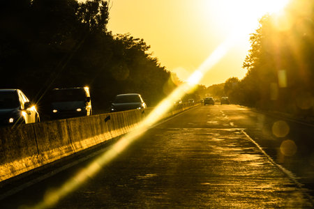 Car traffic at rush hour. Traffic jam, cars on the road at sunset in Bucharest, Romania, 2021
