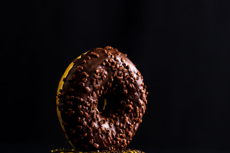 Fresh tasty colored donuts with sprinkles on black backgroundの写真素材