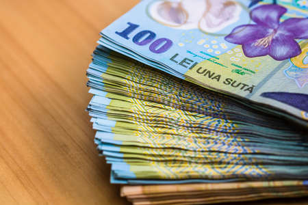 Detail of LEI banknotes. Staks of Romanian LEI banknotes. World money concept, inflation and economy conceptの写真素材