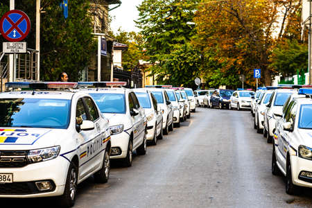 Romanian police (Politia Rutiera) car parked along the street in downtown Bucharest, Romania, 2021のeditorial素材