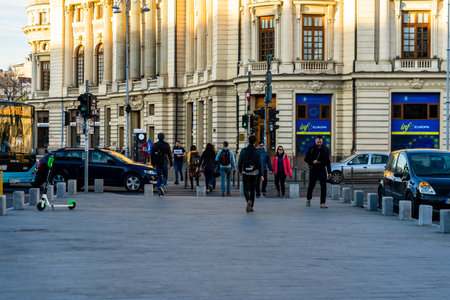People moving, walking on the streets in downtown of Bucharest, Romania, 2021のeditorial素材
