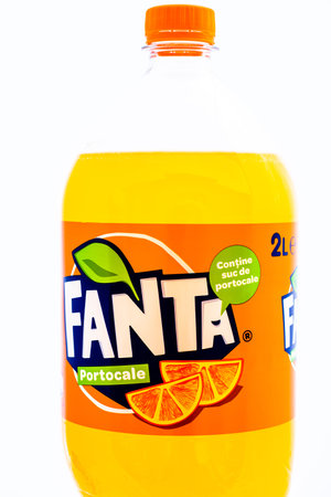 Fanta plastic bottle Isolated on white background. Illustrative editorial photo shot in Bucharest,...