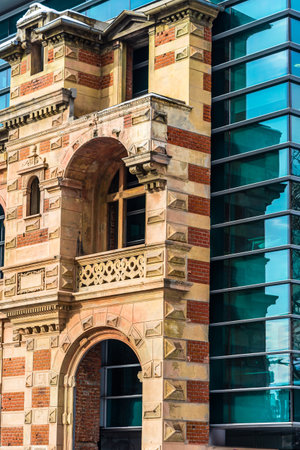 Detail view of the modern building of the Union of Romanian Architects in downtown Bucharest,...