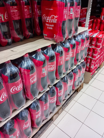 Bottle of Coca Cola. Coke soft drink of shelf in supermarket. Illustrative editorial photoshoot in Bucharest, Romania, 2021のeditorial素材
