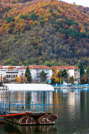 View of Danube river and Orsova city vegetation and buildings, waterfront view. Orsova, Romaniaの写真素材