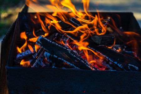 Burning wood chips to form coal. Barbecue preparation, fire before cooking.の写真素材