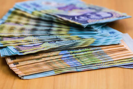 Detail of LEI banknotes. Staks of Romanian LEI banknotes. World money concept, inflation and economy conceptの写真素材