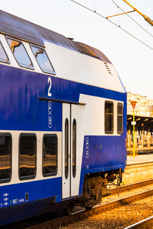 Detail of train in motion at train platform at Bucharest North Railway Station (Gara de Nord...