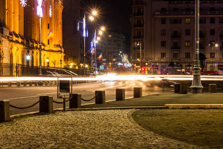 Light trails, night photography in Bucharest, capital city of Romaniaのeditorial素材