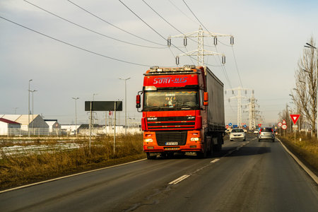 Cars on the road in traffic in Targoviste, Romania, 2021