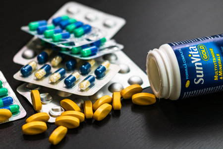 Drug capsule pills. Medicine and vitamins isolated in studio Bucharest, Romania, 2021のeditorial素材