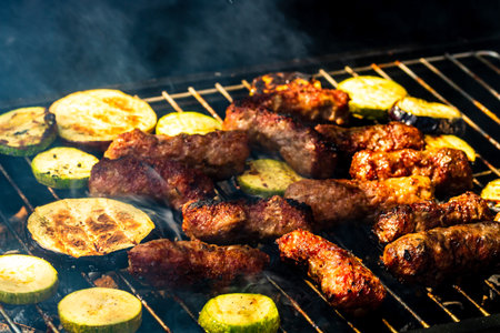 Grilling meat rolls called mici or mititei with vegetables on char barbecue. Charcoal grill with...