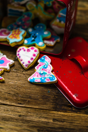 Tasty homemade Christmas cookies on wooden table