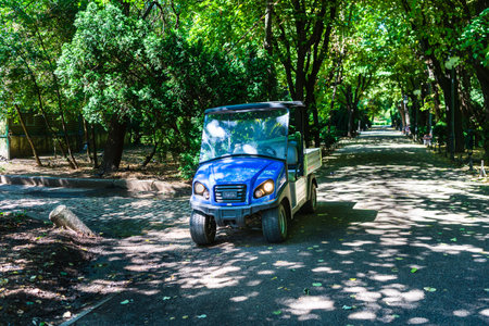 Golf car golf cart parked in a public park. Bucharest, Romania, 2021のeditorial素材