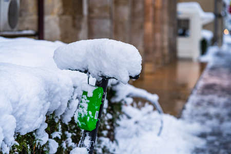Perfectly shaped snow, snowy environment in the morning. Winter concept, frozen and snow covered place. Snowy road in Bucharest, Romania, 2021の写真素材