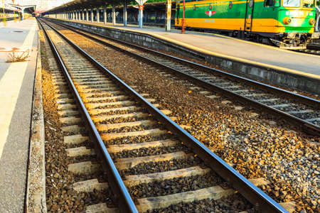 Detail of train in motion at train platform at Bucharest North Railway Station (Gara de Nord Bucharest) in Bucharest, Romania, 2020のeditorial素材