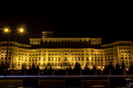 Palace of Parliament at night time, Bucharest, Romaniaのeditorial素材