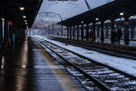 Winter detail train view. Train on the platform of Bucharest North Railway Station (Gara de Nord Bucuresti) in Bucharest, Romania, 2021のeditorial素材
