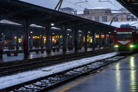Northern Railway Station (Gara de Nord) during a cold and snowy day in Bucharest, Romania, 2021